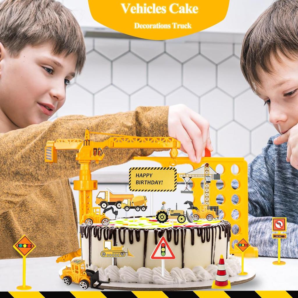 25Pcs Construction Cake Topper Excavator Tower Cupcake Topper Bulldozer Backhoe Traffic Road Sign Cake Decor Vehicles Decoration