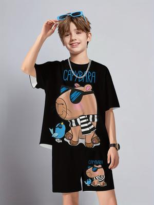 2pcs Boys' Set - Fashionable 3D Printed Casual Pullover - Round Neck Cartoon Capybara Themed Sports Shirt - Suitable for Spring, Summer