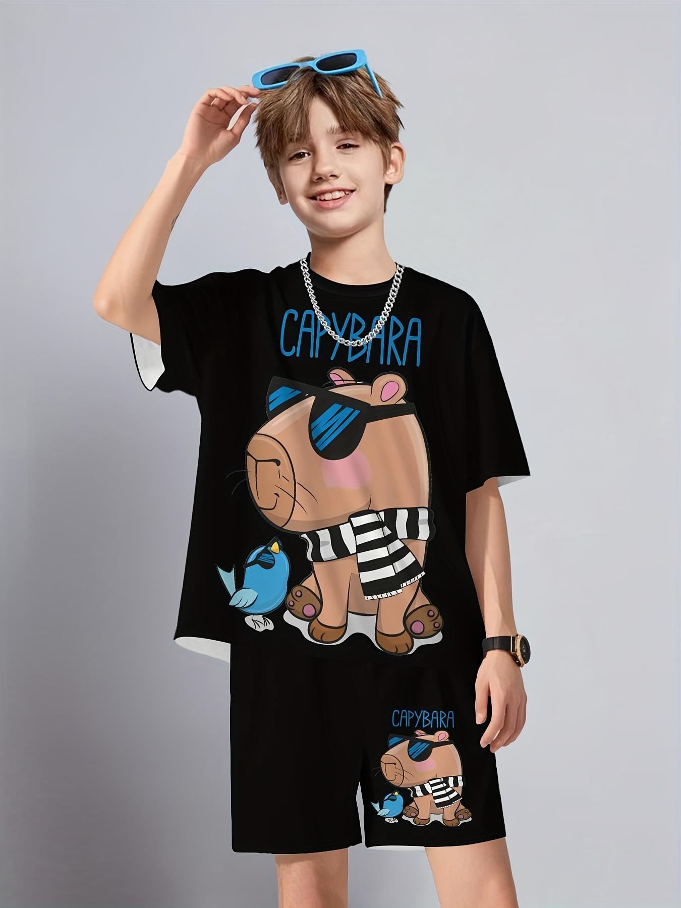 

2pcs boys set - fashionable 3D printed casual pullover - round neck cartoon capybara themed sports shirt - suitable for spring, summer 13-14Y чорний