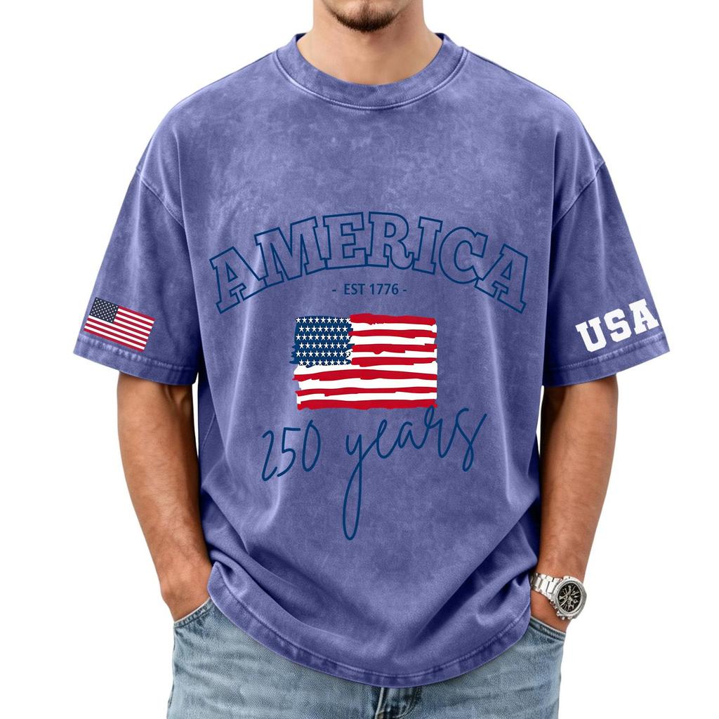 Herren lockeres und lässiges T-Shirt mit Flaggen-Buchstaben-Print - Trendiges gewaschenes kurzärmeliges Oberteil für Herren