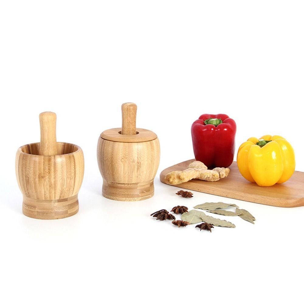 Splash-proof Manual Spice Crusher Premium Bamboo Garlic Masher Grinding Bowl with Lid  Home Kitchen