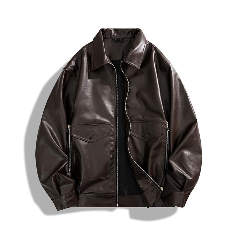 Spring Autumn Polo-neck Casual Fashion Zipper PU Leather Jacket Men Cardigan Coat Outwear