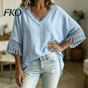 Casual Women Shirt Summer Tops for Women, V-Neck Half Sleeve Pullover Tops, Loose Basic Solid Color Fit Breathable Blouse Work Parties Wear