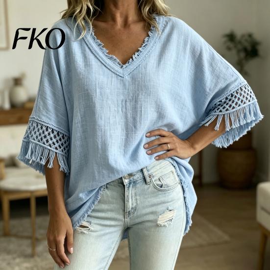 Casual Women Shirt Summer Tops for Women, V-Neck Half Sleeve Pullover Tops, Loose Basic Solid Color Fit Breathable Blouse Work Parties Wear