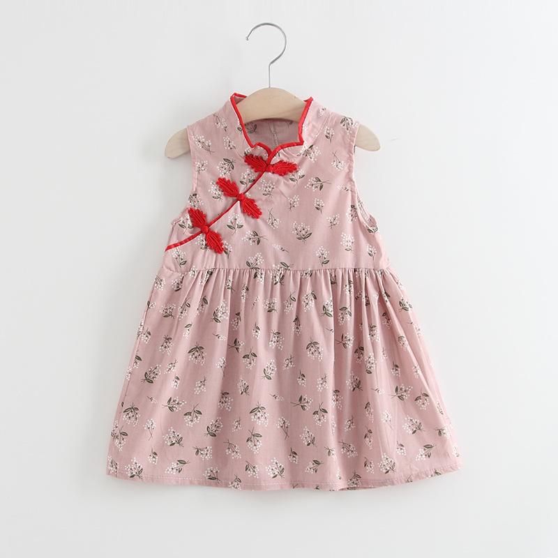Kids Girls Chinese Style Cute Flower Print Dress Vintage Cheongsam Dresses Qipao Baby Clothes