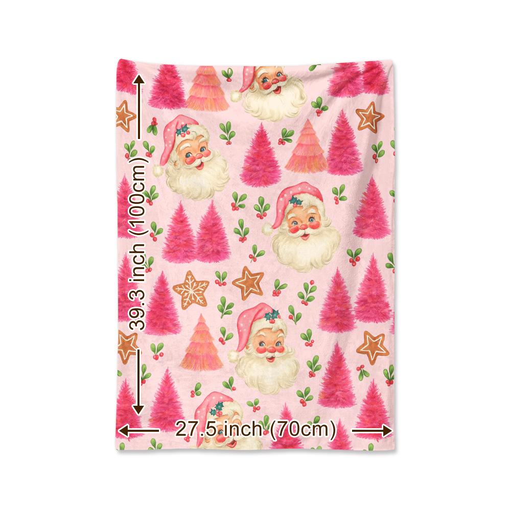 Retro Pink Christmas Tree Blanket Cute Santa Gingerbread Soft Cozy Warm Throw for Bed Sofa Travel Winter Gift