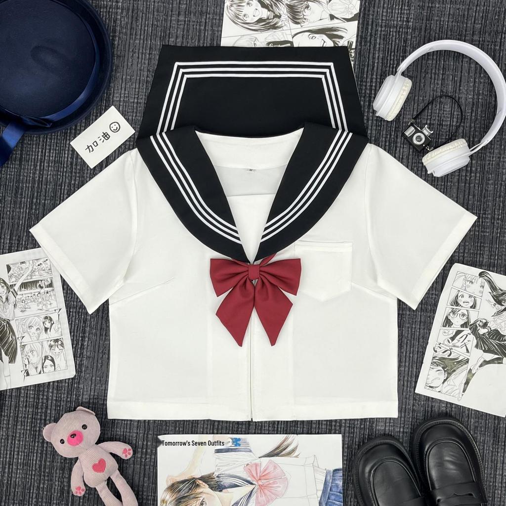 Japanese Academy-Style Sailor Suit: Black Collar, White Stripes, Mid-Length JK Uniform Costume Set