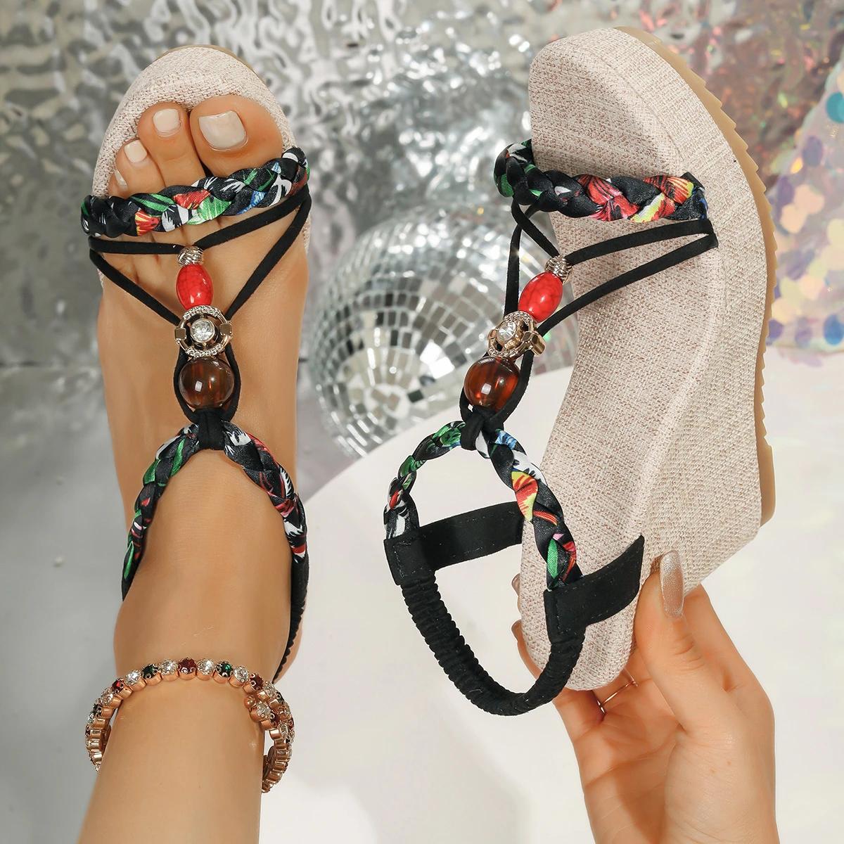 

Новые богемные сандалии-клинья большого размера 2025 летняя мода круглый носок открытый носок платформа эластичная резинка ремешок на щиколотке женская обувь 43 чёрный