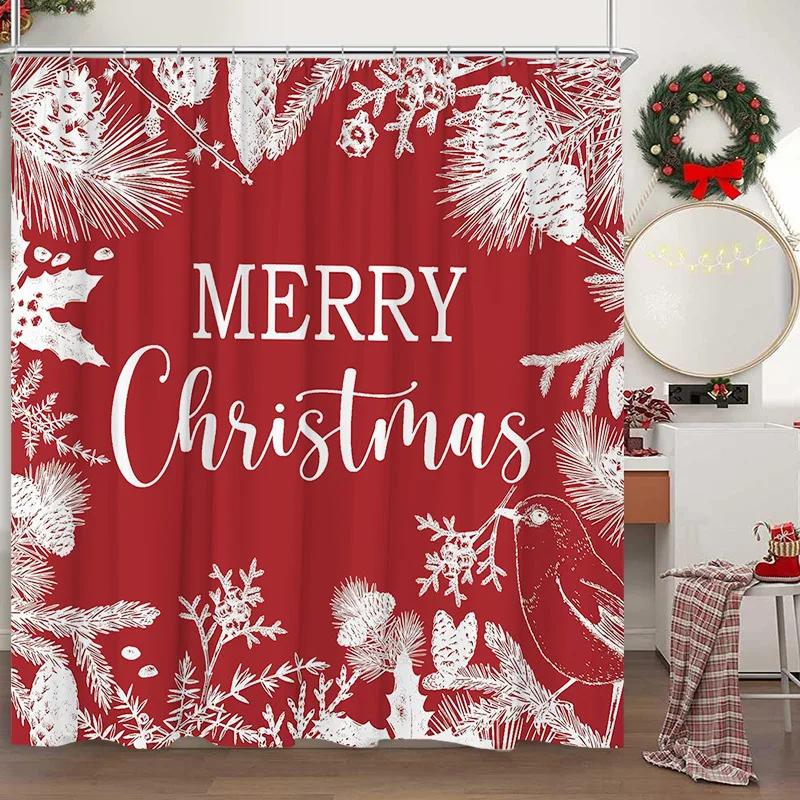 Christmas Shower Curtain Santa Claus Snowman Snowflake Elk Pine Leaf Winter Cartoon Home Polyester Fabric Bathroom Decor Curtain