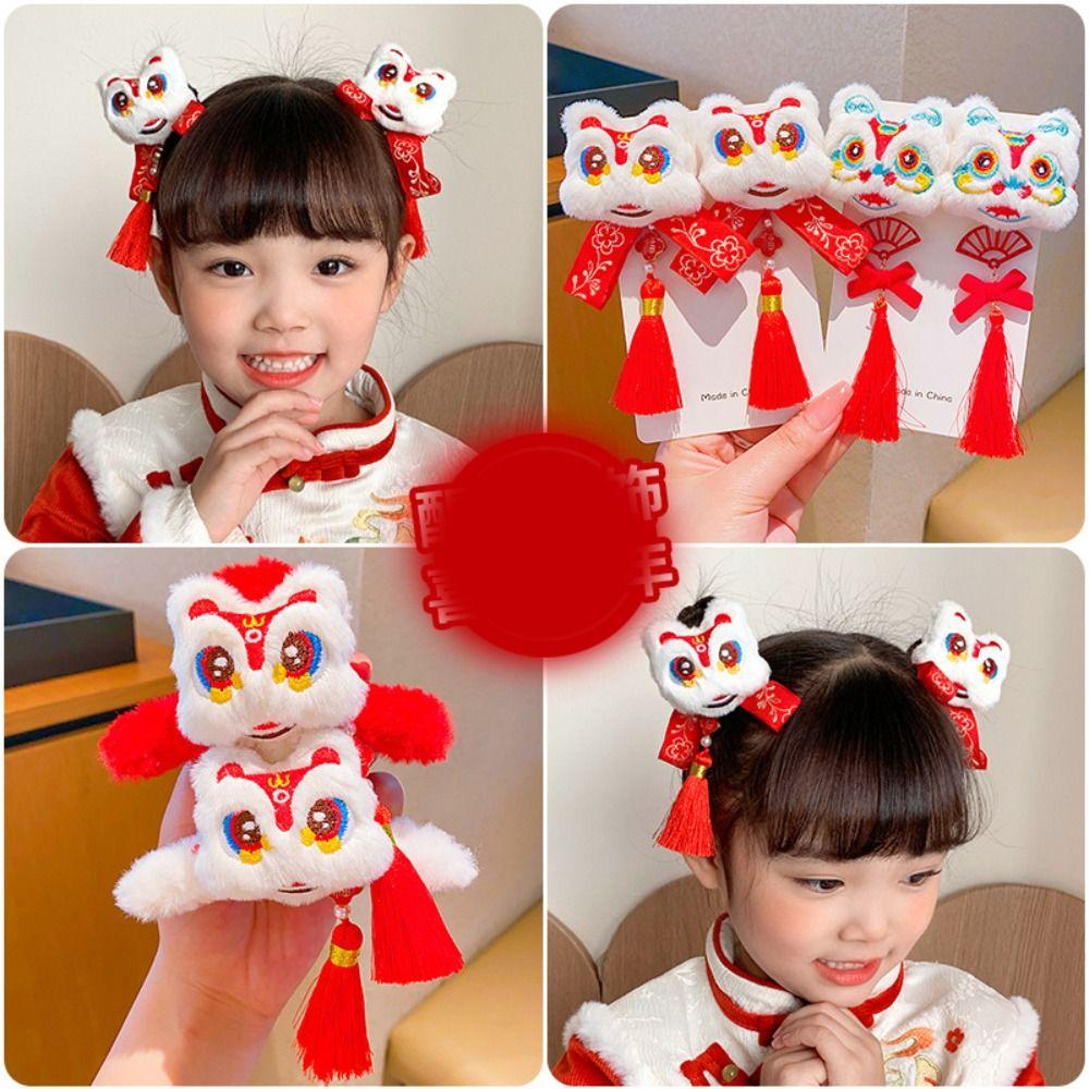 Plush Chinese New Year Headwear Tassel Ancient Style Hairpin Children Red Bow Hairpin  Children