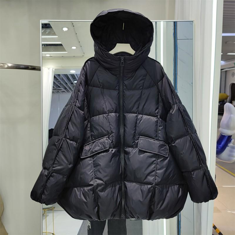 Womens Oversized Down Coat With Hood Mid-Length Loose Fit White Duck 50% Fill Power Warm Winter Jacket