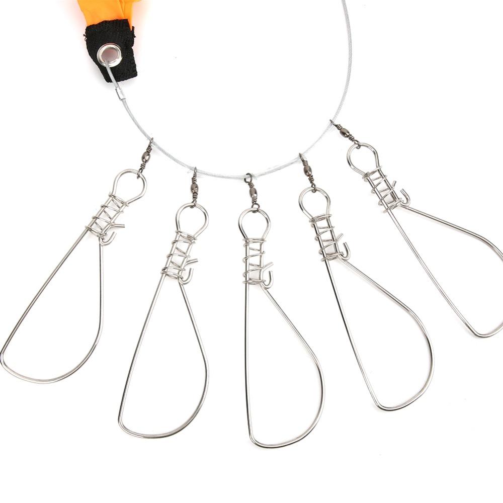 Portable Stainless Steel Fish Stringer with 5 Buckle Snaps 5m Length Fishing Lock Cable Orange Fishing Stringer Sea Fishing
