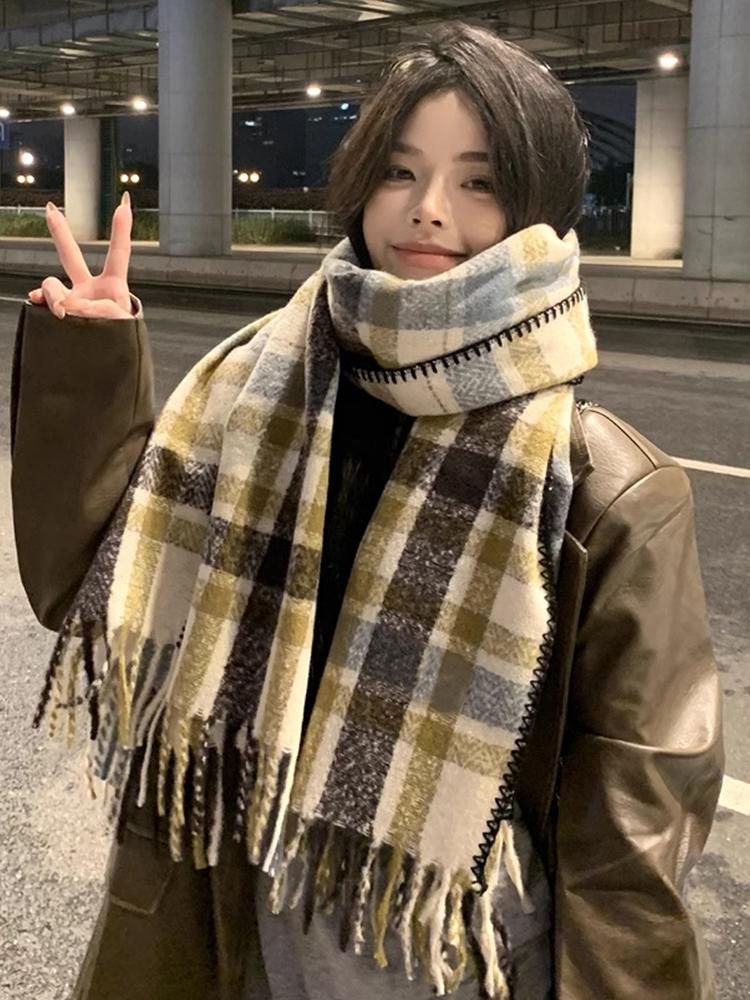 Knitted Retro Scarf Headscarf Winter Women Men Preppy Plaid Tassel Warm Scarve Pashmina Mujer Femme Male Long Wrap Shawl Unisex
