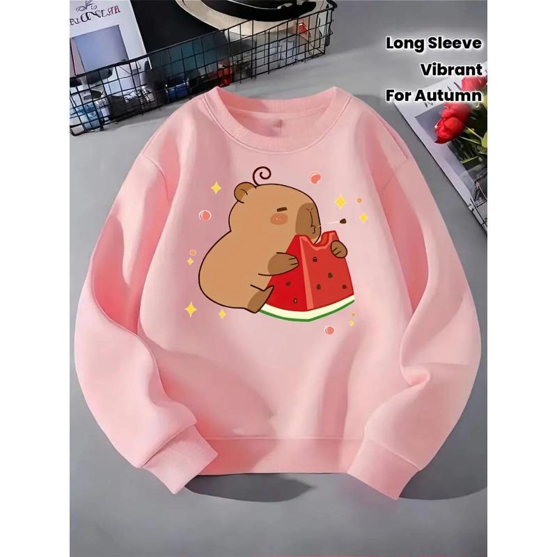 Adorable Hamster Munching on Watermelon, Trendy Crewneck Sweatshirt for Girls, Suitable for Autumn And Winter, Long-Sleeved T-Shirt