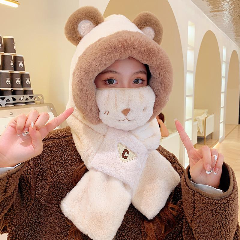 Autumn and winter new cute bear hat scarf integrated female cycling cold and warm windproof ear mask scarf