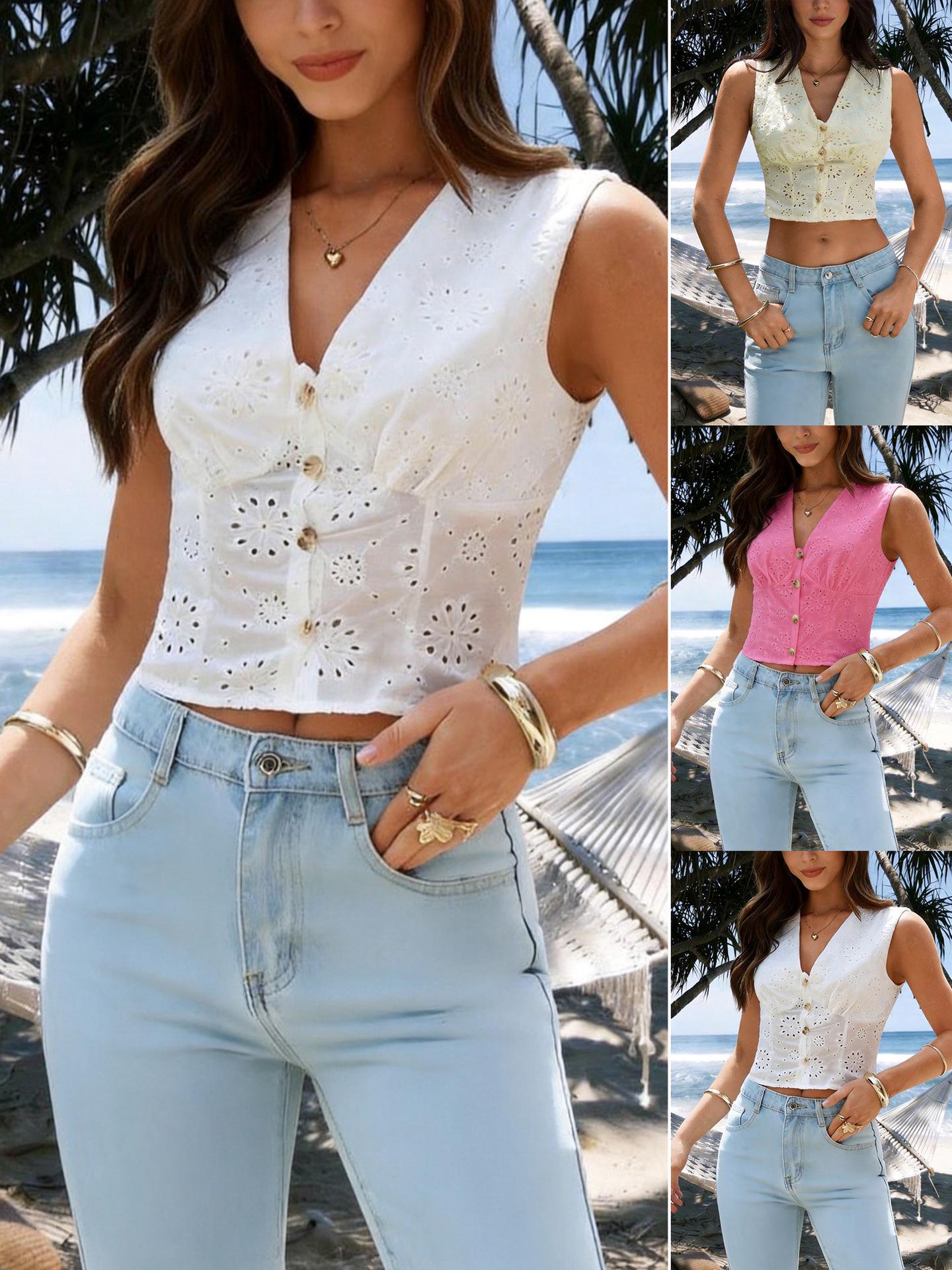 Women s V-Neck Lace Sleeveless Vest - 2025 Casual Summer Top L белый