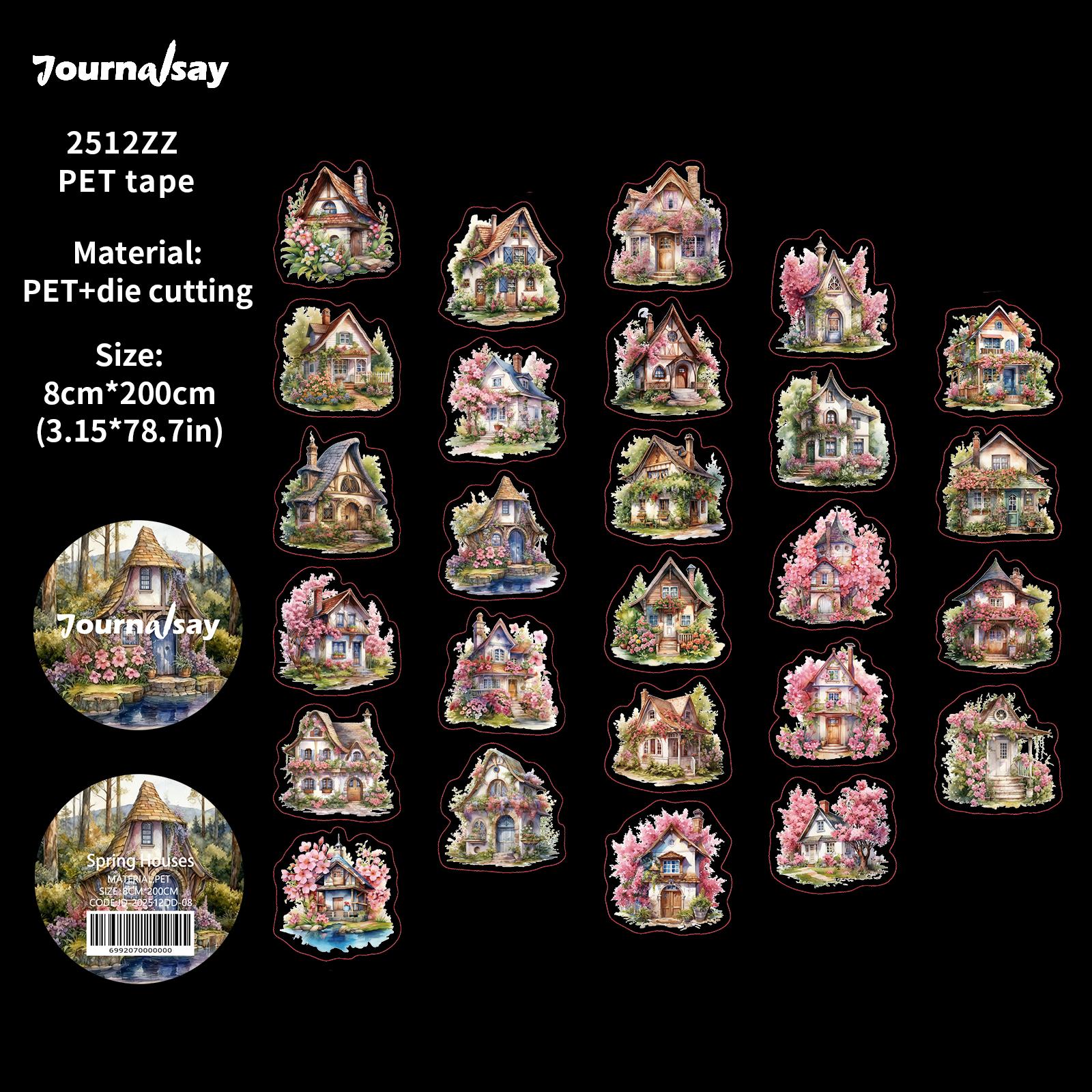 JIANWU 80mm*200cm Vintage Spring Plant Flower House Landscape Material Collage PET Tape Creative DIY Journal Stationery