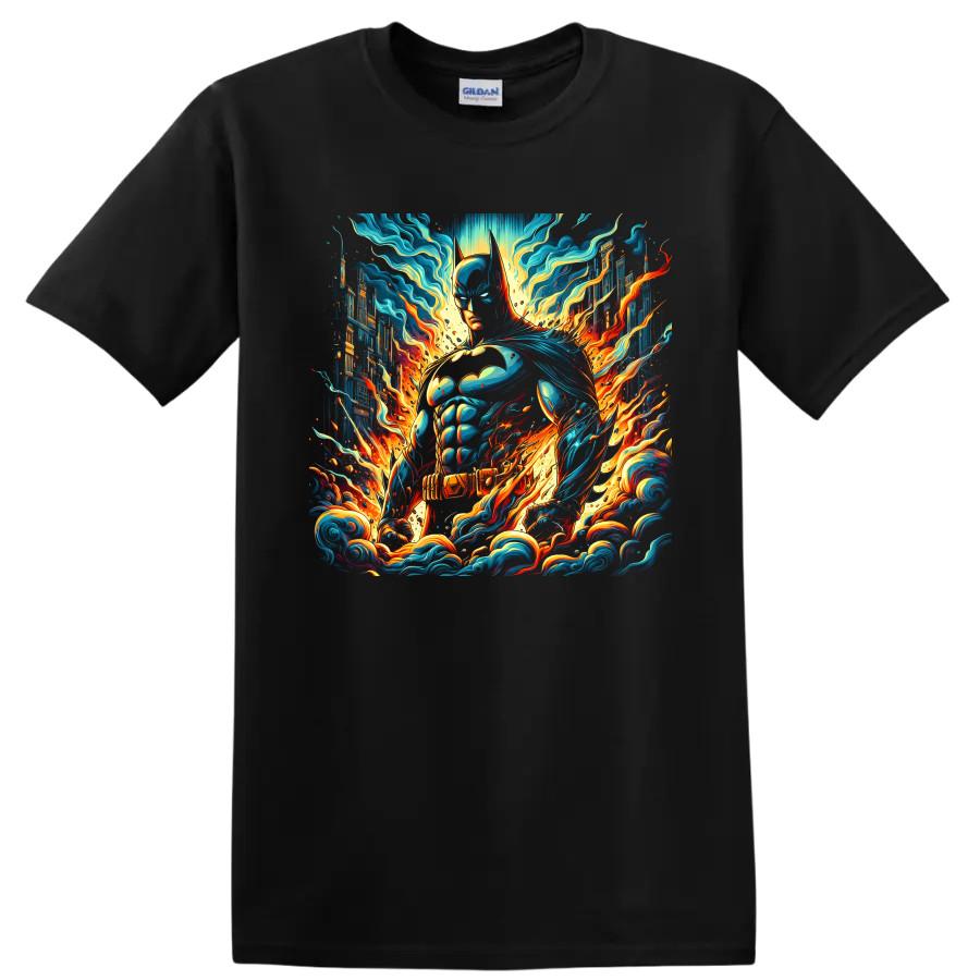Batman Superhero T Shirt w/ Neon Fire Cityscape Comic Art Graphic Design Tee