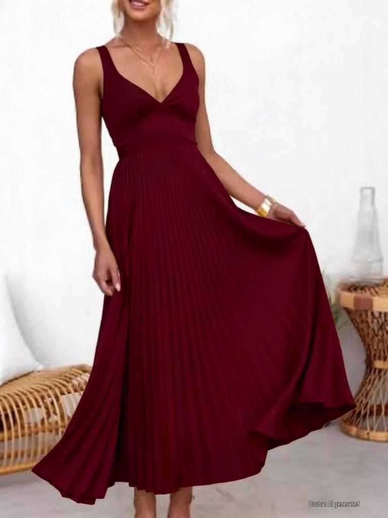 Elegant European & American Women's Pleated Spaghetti Strap Backless Dress