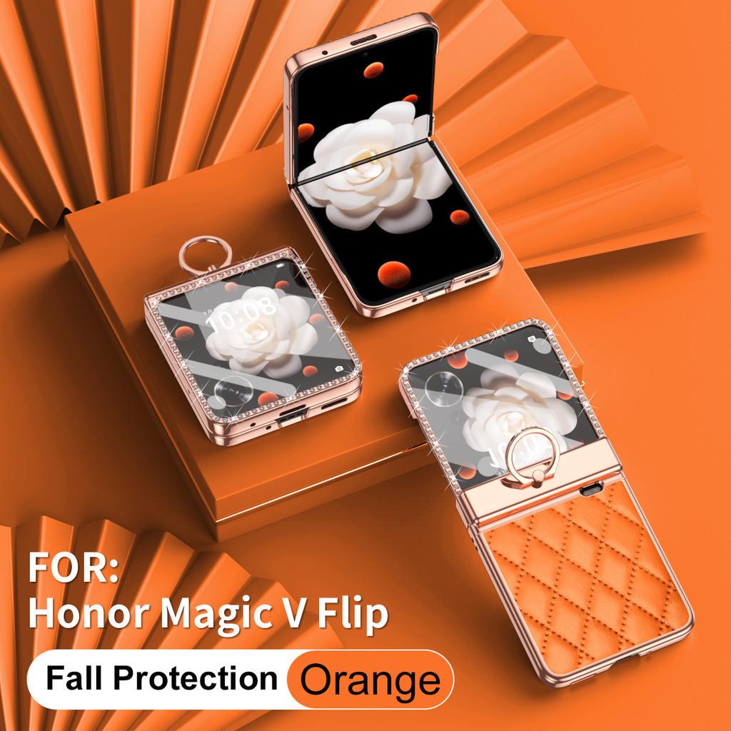 Galvanisiertes Lederetui mit Fingerringhalter für Honor Magic V Flip. Luxuriöse Linsenschutzbeschichtung mit Diamanten für Honor MagicV Flip LRA-AN00