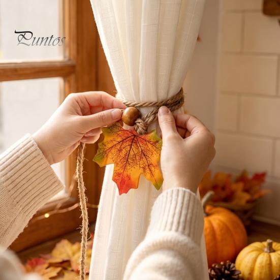 Autumnal Window Treatment Hardware Maple Leaf Curtain Tieback, Autumn Farmhouse Holder, Rustic Fabric Straps Decorative Drapery Holdback for