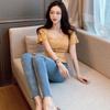 Women Summer Knitted T-shirt Tops Square Collar Short-sleeved Slim Ruffled Ice Silk Outer Wear Short Solid