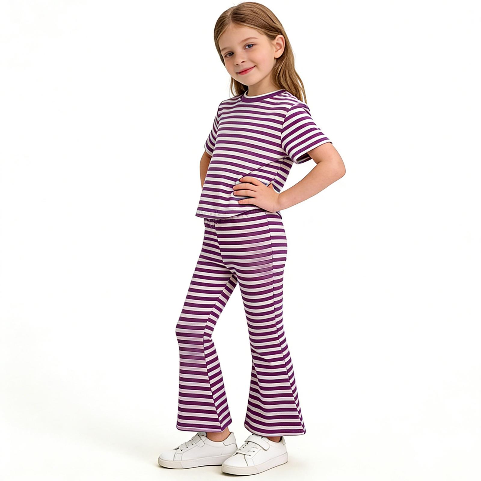 

Children s Fashion Ruffle T-shirt Round Neck Casual Short-sleeved Shirt And Pant Set 130 фіолетовий