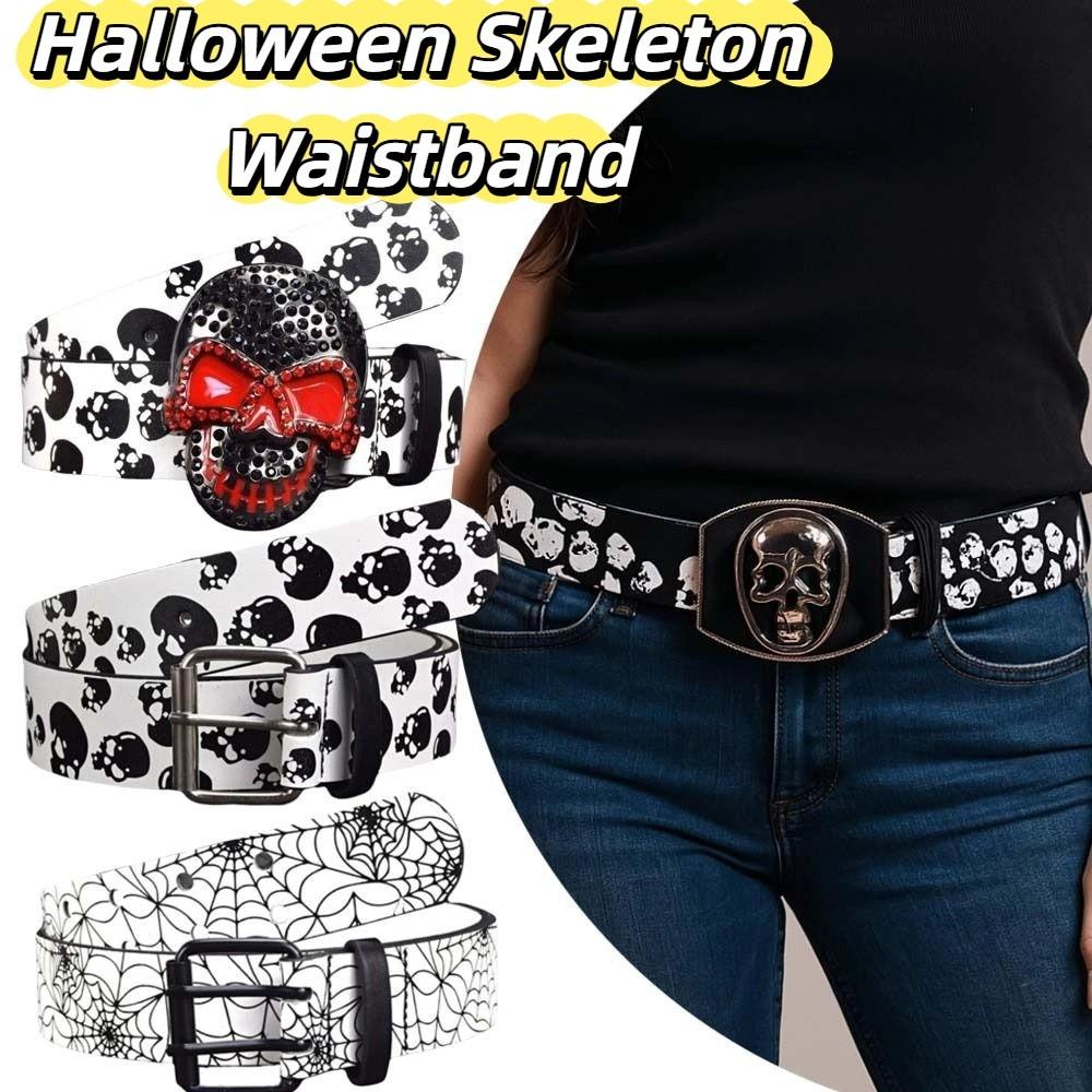 Rhinestone Goth Style Belt Punk-Style Halloween Skeleton Waistband Skull Print Belt Streetwear