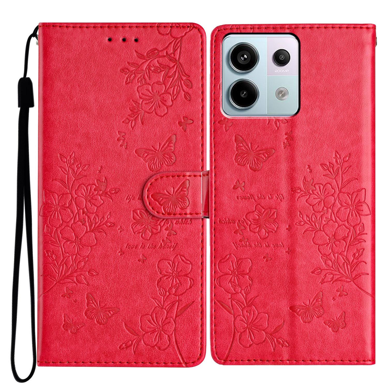 

For Xiaomi Redmi Note 13 Pro 4G/Poco M6 Pro 4G Case Butterfly Floral Imprint Leather Wallet Phone Cover Red