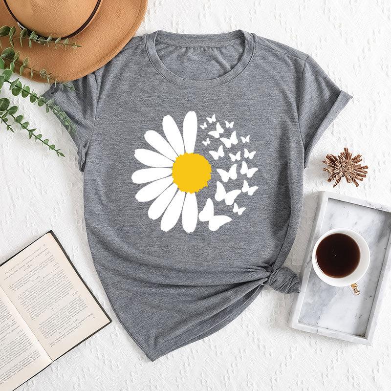 Summer Women's Daisy Butterfly Print Loose Round Neck Casual Pure Cotton Short Sleeved T-shirts Women's