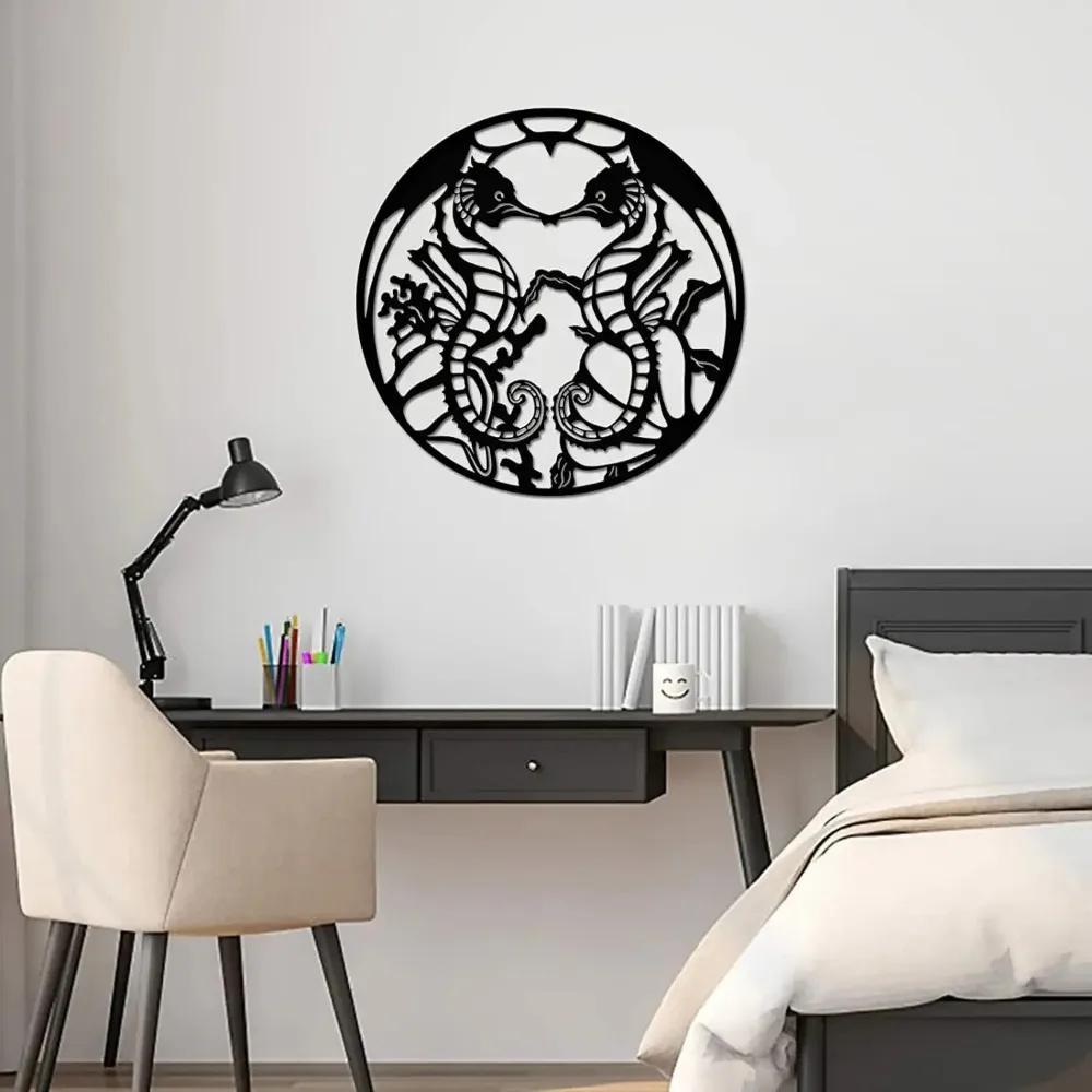 1 Stück Meerestier Metall Wanddeko Schwarz Seepferdchen Liebeskuss Wandskulptur Wandkunst Neue Wanddeko Metall Wandbehang