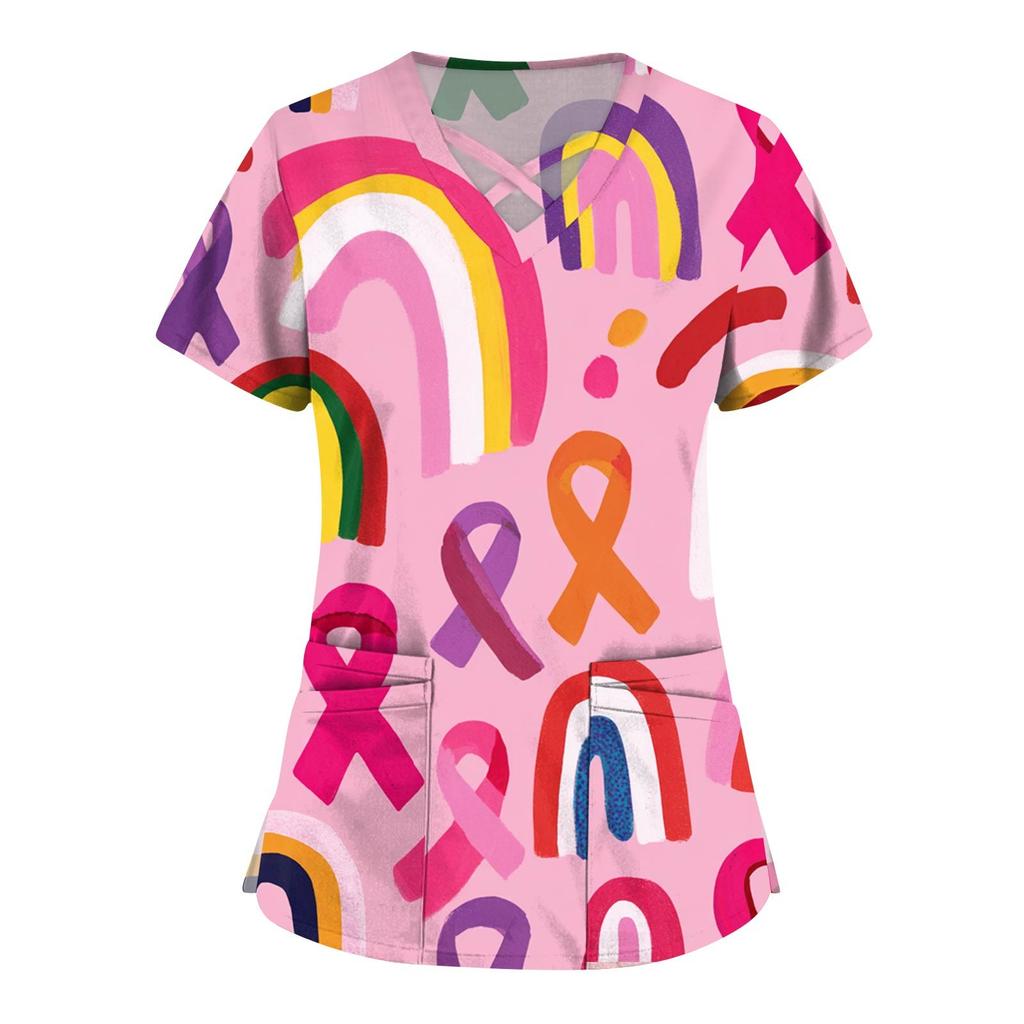 Dámská móda V-výstřih Krátký rukáv Kombinézy Kapsa s dvojitou vrstvou Tištěná trička Oblečení