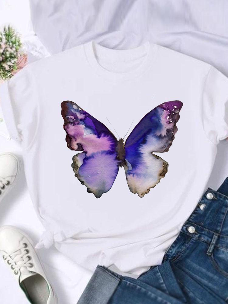 Kortärmade T-shirts Dam T-shirt Tryck Sommar Tecknad Fjäril Trend Söt Skjorta Dam Grafisk T Topp T-shirt Mode Kläder