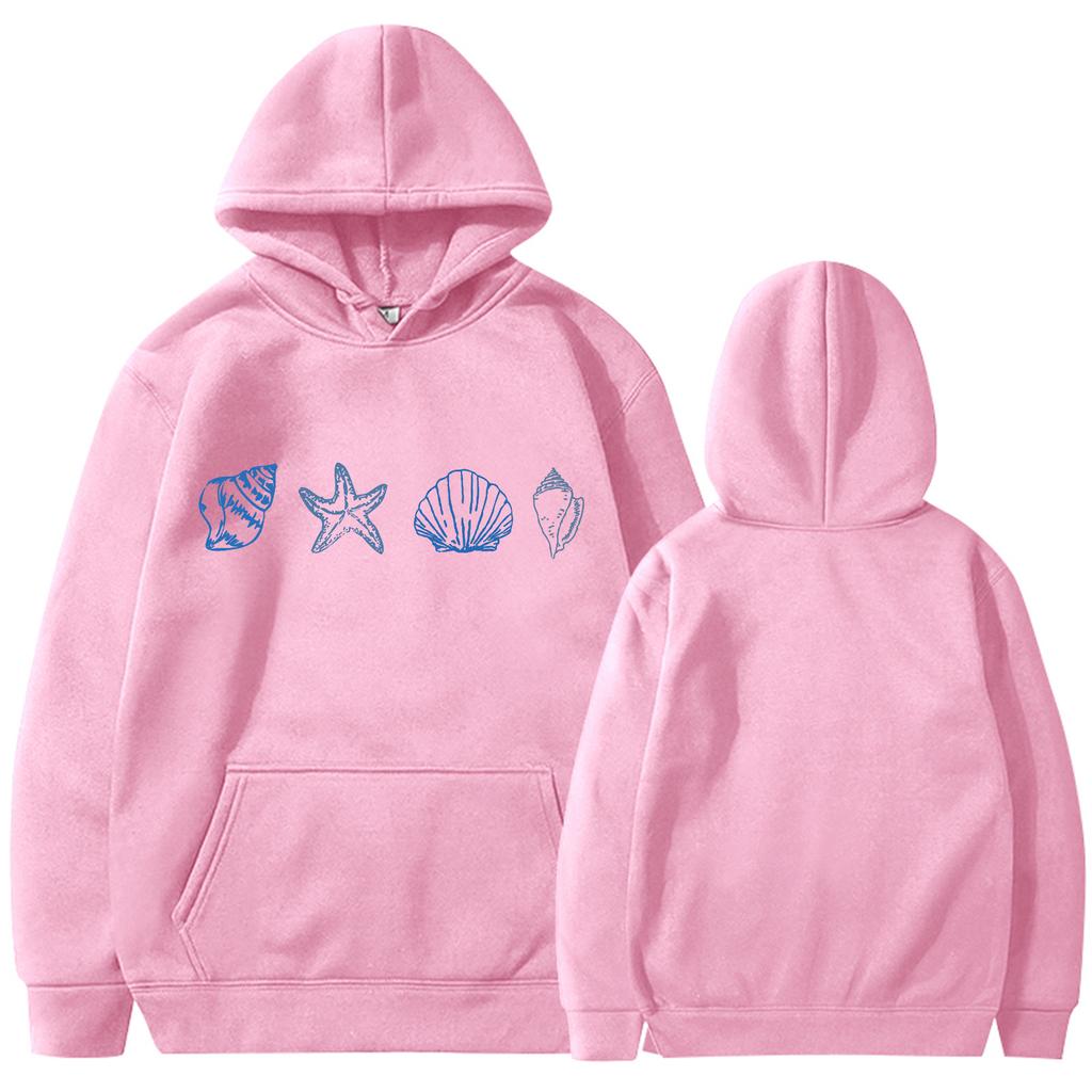 Women's Round Neck Long Sleeve Floral Print Top Hooded Sweatshirt Seashell Hoodie