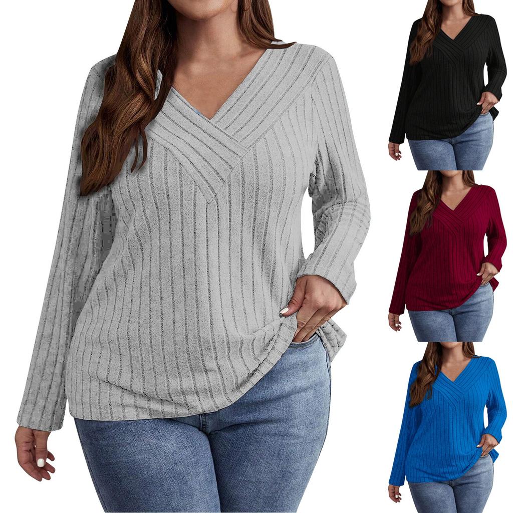 Women's Solid Color Plus Size Cross V-Neck Long Sleeved Pullover T-shirt Top