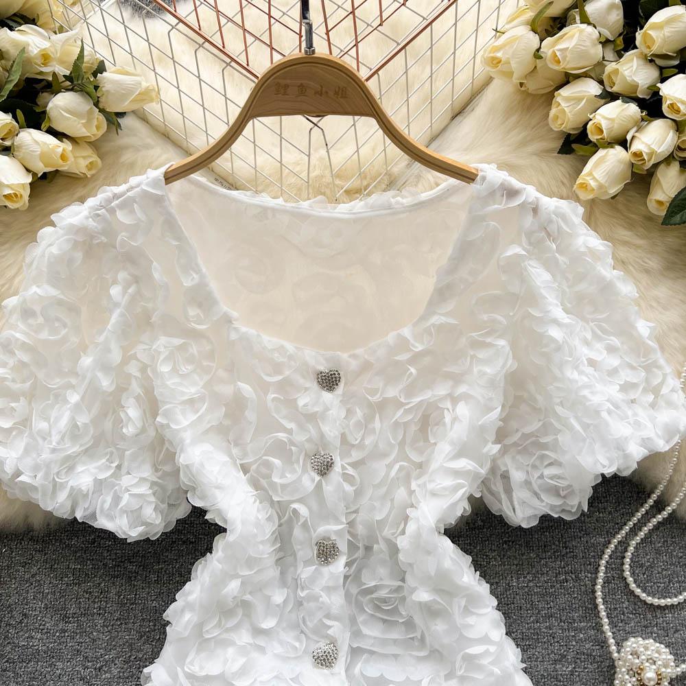 RUGOD Niche Design Sense Mesh Flower Kort Temperament-skjorte for kvinner Sommer Ny Slim Enkeltspente All-Match-topp