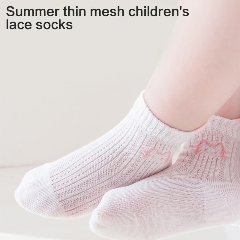 1 Pair Breathable Mesh School Socks for Girls Elastic Cartoon Pattern Hosiery Soft Fabric Solid Color Ankle Socks