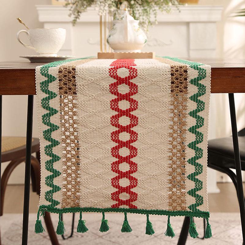 Caminho de mesa com borlas em algodão e linho estilo étnico - Decoração leve e luxuosa para festivais