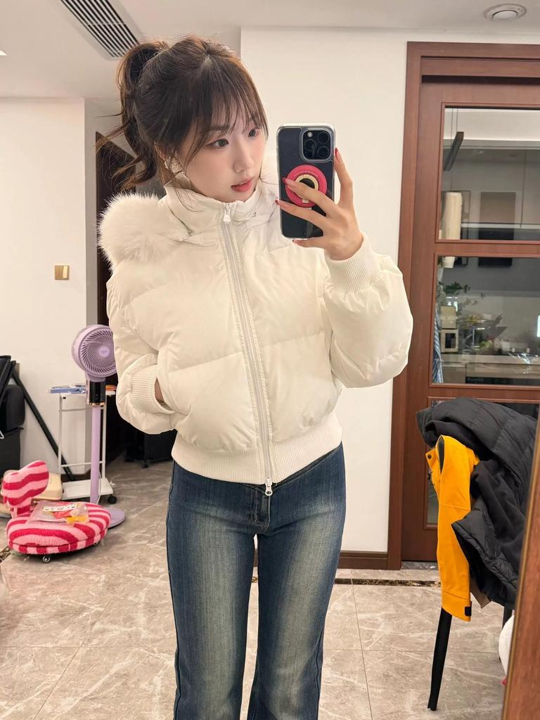 Velvet high waist Kendou style new down jacket women's short thin slim small big fur collar jacket