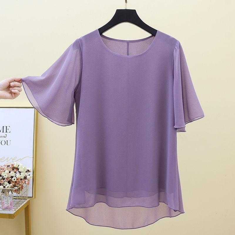 Large Size Chiffon Shirt Women's Short Sleeved Mom Outfit Summer Loose Top Round Neck Base Shirt