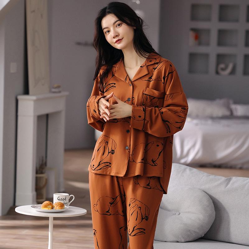 Women's Cute Cartoon Loose-Fit Pajamas Set - Pure Cotton Long Sleeve, Korean Style, Plus Size, Versatile for Indoor & Outdoor Wear.