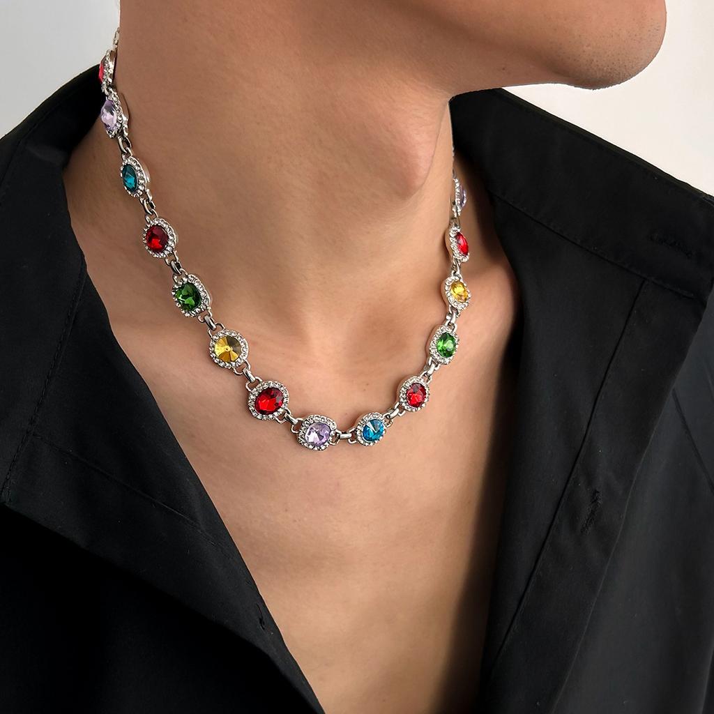 Colorful Inlaid Diamond Necklace for Men Trendy Personality Gemstone Collarbone Chain Hip Hop Niche Design Sense Men's