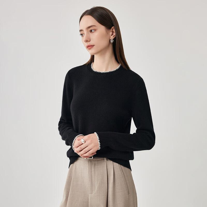 Zhaojun Women's Round Neck Wool Sweater with Lace Trim