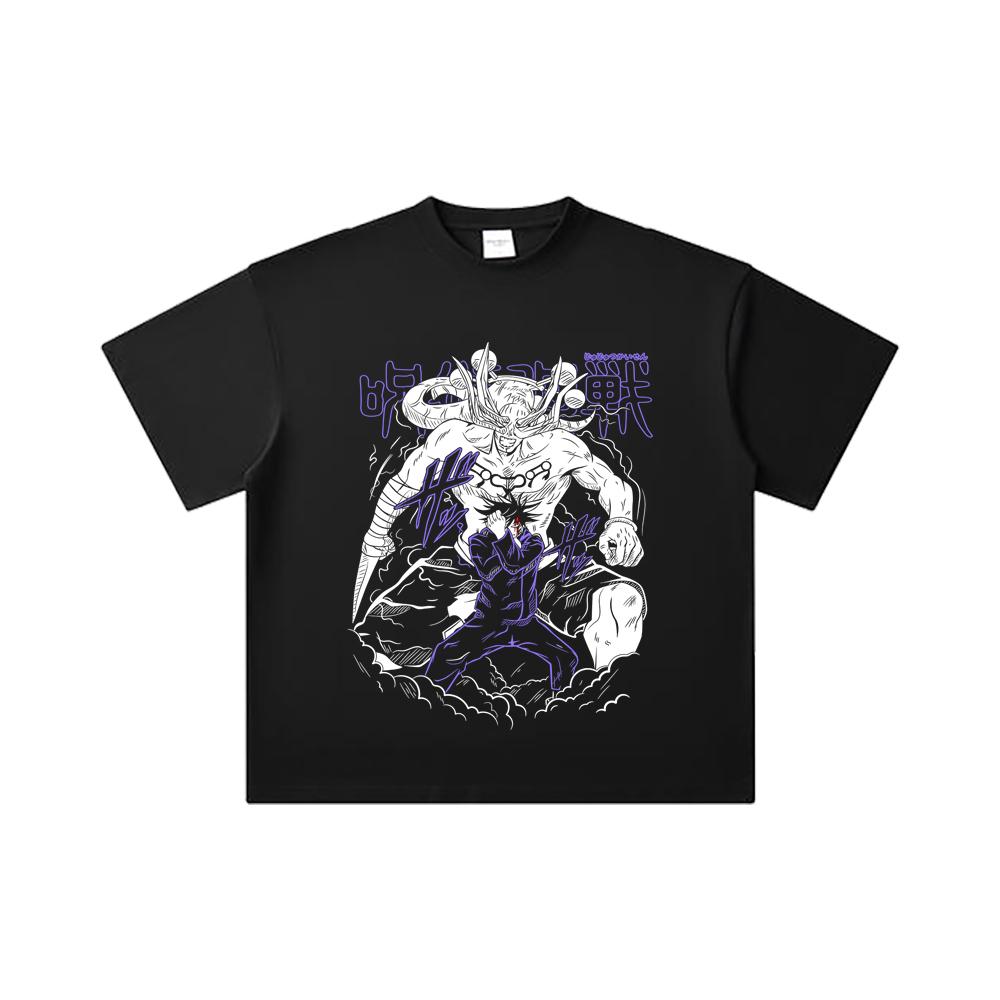 260 GSM Doppelgarn 32er Zählart 100% Baumwolle Jujutsu Kaisen V35 Mahoraga Druck Unisex Schweres Baumwoll-T-Shirt