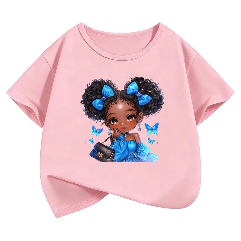 Cute Girl with Butterfly TShirt Printed T Shirt Girls Casual Short Sleeve Tops TShirts 90s Girls Clothing Summer