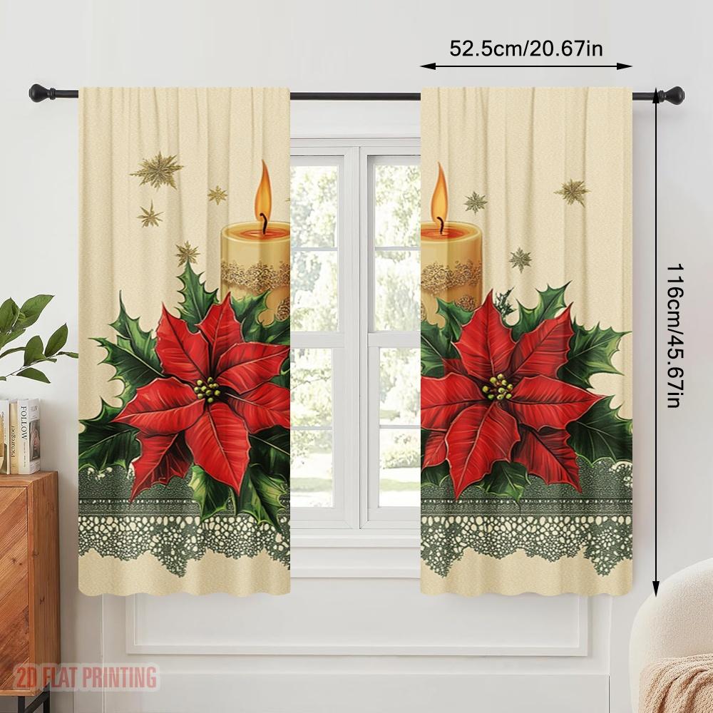 2pcs,2D Plane Printing Minimalist Curtains Christmas Candles Poinsettia Stars (2) Versatile Fabric (without Rod) Gifts for