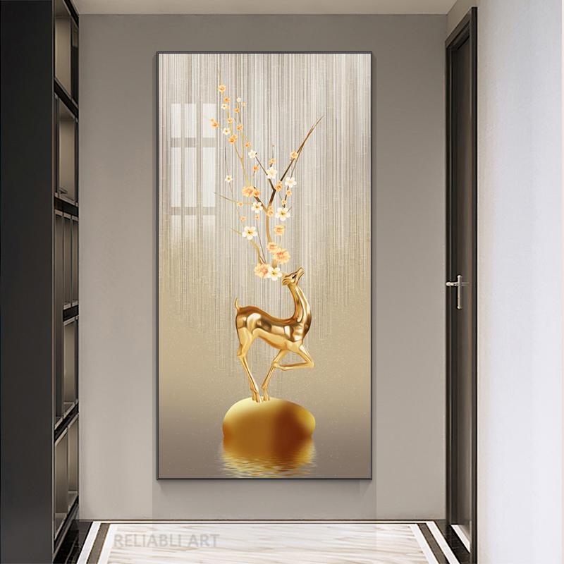 New Chinese Fengshui Golden Deer Canvas Painting Abstract Zen Stone Posters and Prints Modern Luxury Wall Art for Porch Decor