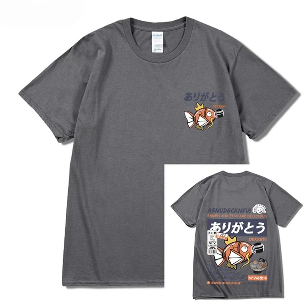 2025Japonský Zábavný Ramen Potisk Ryby Hip Hop Pánské Ležérní Pohodlné Bavlněné Tričko s Krátkým Rukávem O-Krk Krátký Rukáv Jednodílné