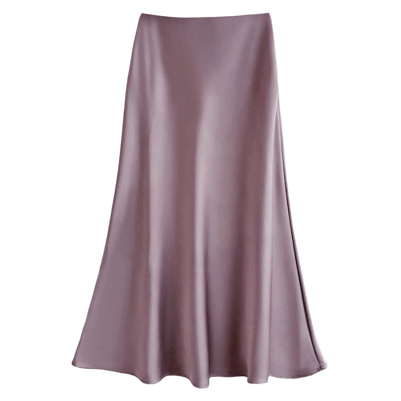 Satin High Waisted Midi Skirts for Women Hidden Elasticized Waistband A Line Flared Skirt Women's Spring Summer Silk Cocktail Flowy A-Line Skirts