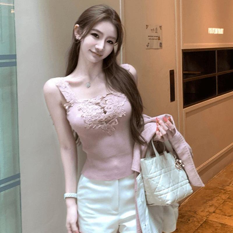 Summer new pure desire wind knitted hollow lace suspender vest female temperament slim and thin versatile top